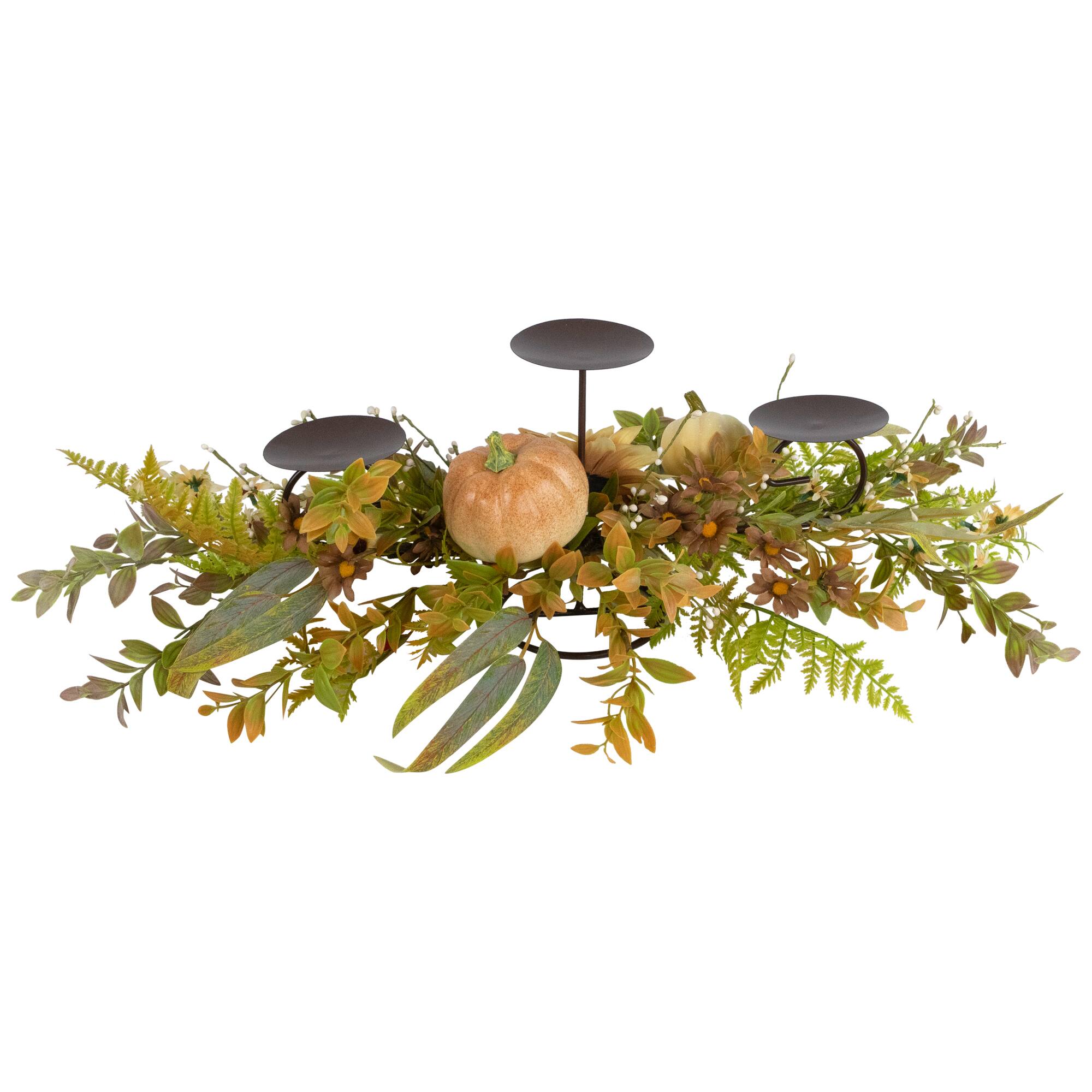 28" Sunflower & Pumpkins Fall Harvest Triple Candle Holder